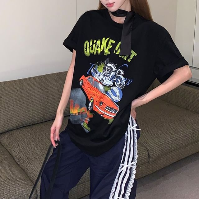 / Short-Sleeve Strap Bodycon Round Tee Dress Mini Neck Spaghetti Graphic Print