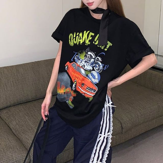 / Short-Sleeve Strap Bodycon Round Tee Dress Mini Neck Spaghetti Graphic Print