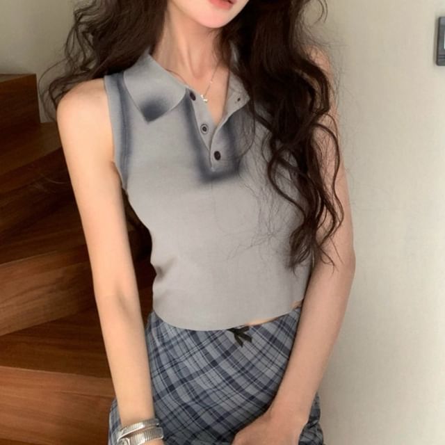 Tank Crop Henley Collar Trim Fit Top Slim Contrast