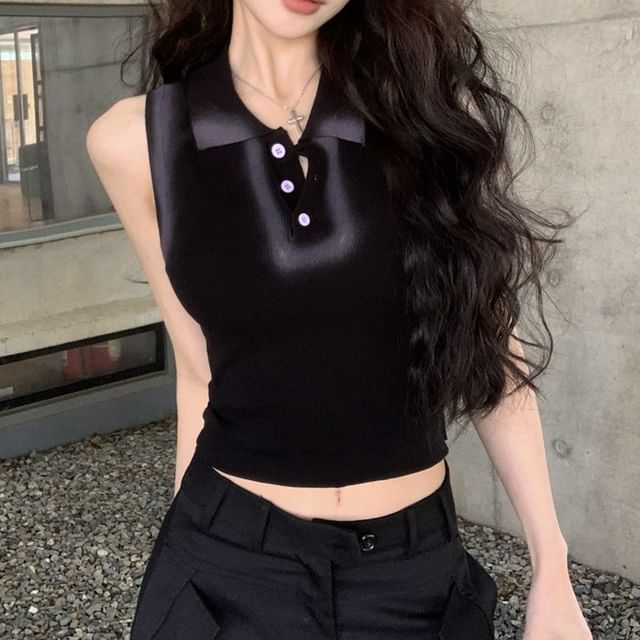 Tank Crop Henley Collar Trim Fit Top Slim Contrast