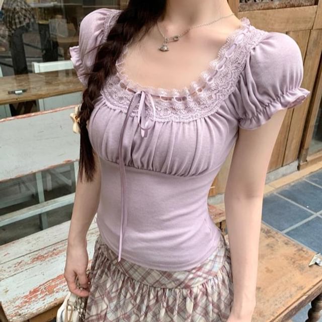Neck Trim Fit Short-Sleeve Slim Lace Square Bow Plain Tee