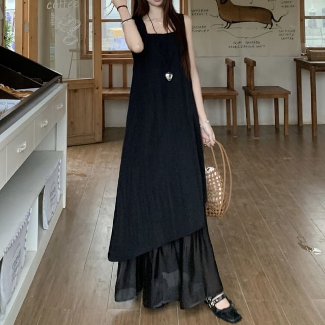A-Line Dress Neck Asymmetrical Sleeveless Square Midi Paneled