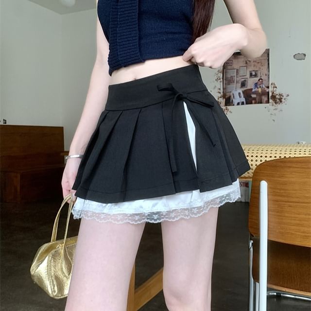 A-Line Mini Skirt Pleated Panel Waist Bow Lace High