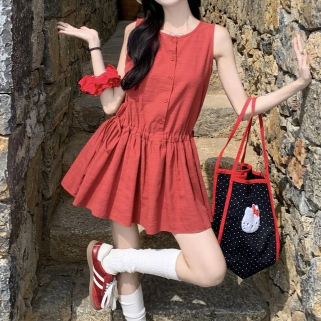 Button Round Dress Sleeveless Plain Mini A-Line Neck