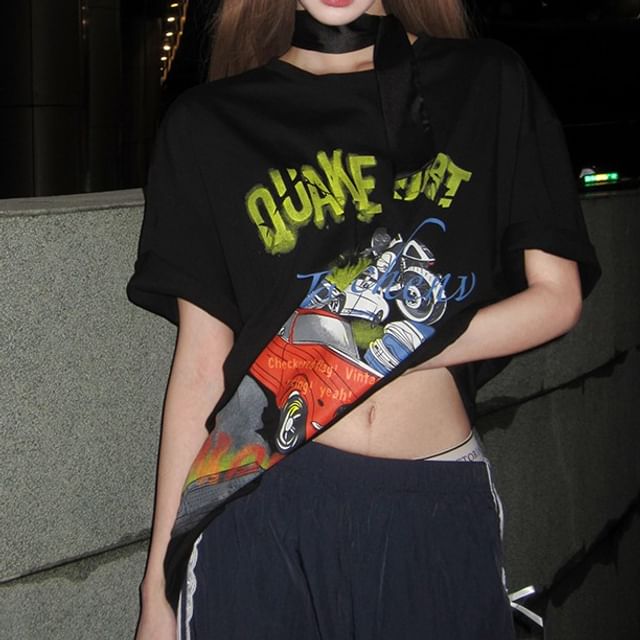 / Short-Sleeve Strap Bodycon Round Tee Dress Mini Neck Spaghetti Graphic Print