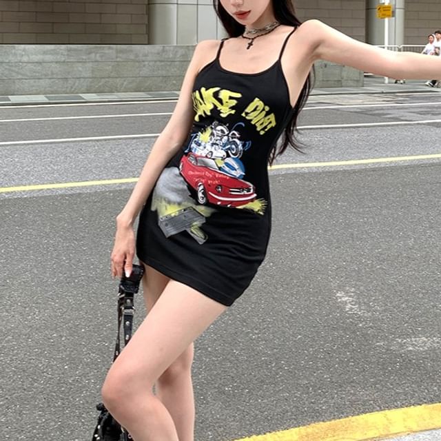 / Short-Sleeve Strap Bodycon Round Tee Dress Mini Neck Spaghetti Graphic Print