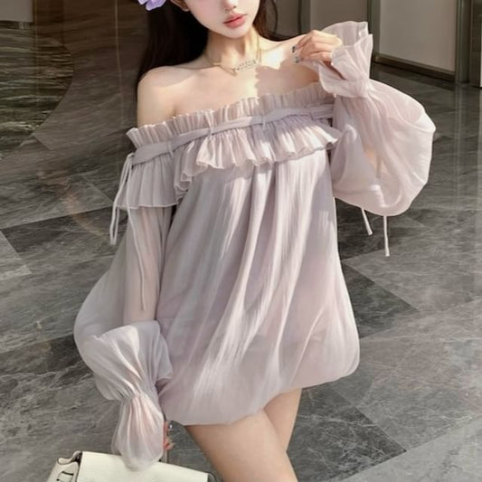 Tunic Trim Ruffle Blouse Long-Sleeve Off-Shoulder Plain