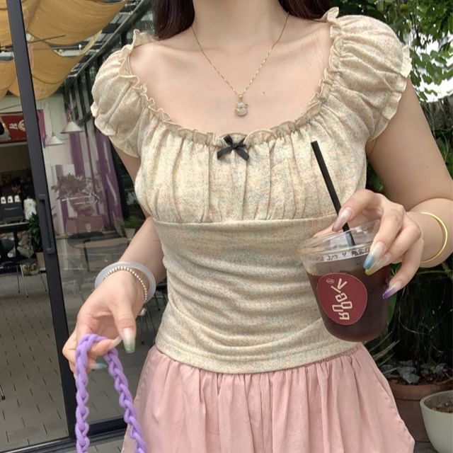 T-Shirt Trim Slim Fit Neck Short-Sleeve Ruffle Square Bow