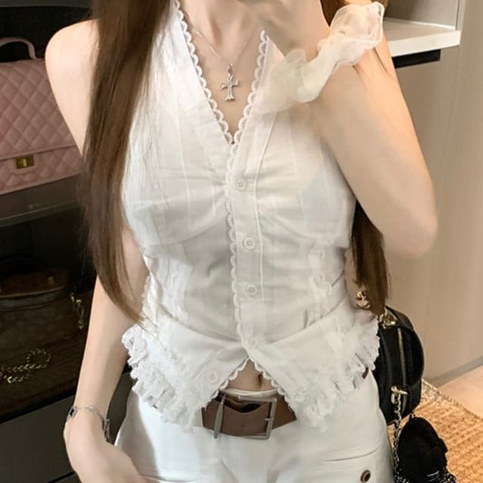 Slim V-Neck Button Top Tank Lace Fit Plain Trim