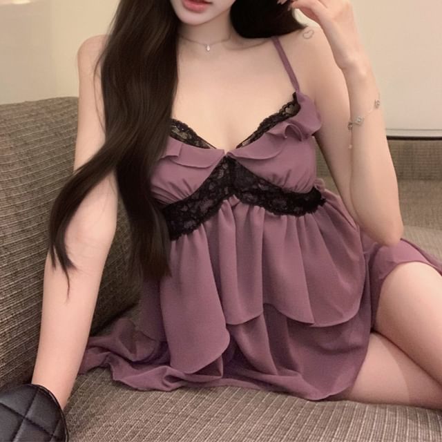 Flowy Top Lace Trim Panel Ruffle Cami