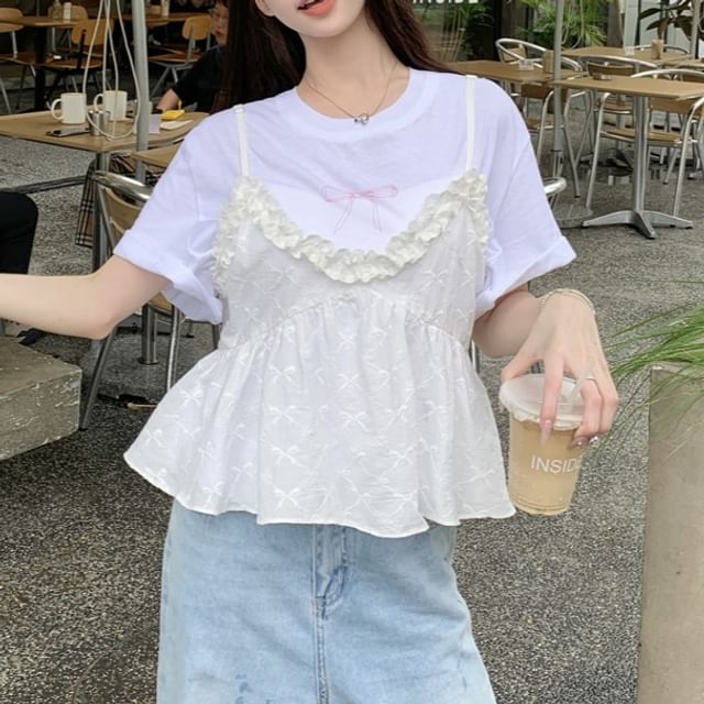 Short-Sleeve Bow Neck Camisole Print Top Flowy Ruffle Crew Tee / Trim