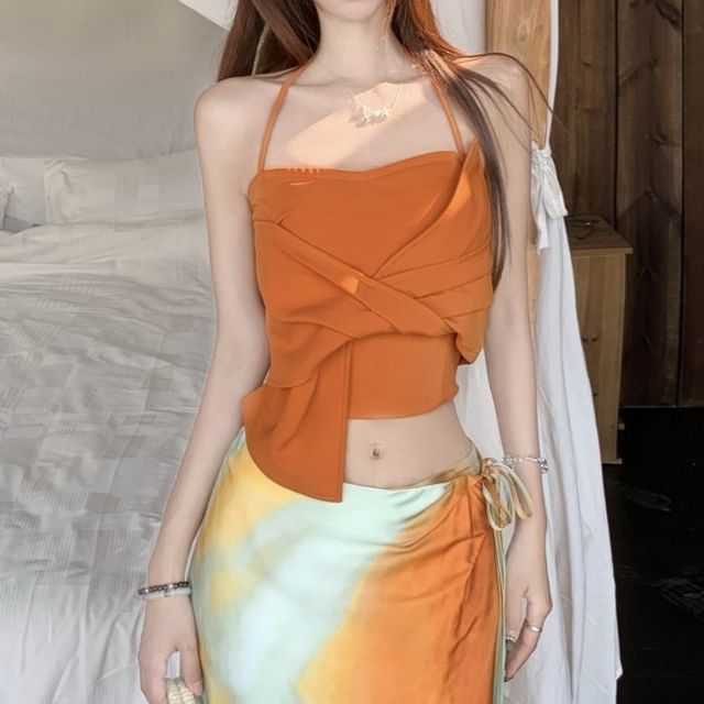 Wrap Fit Knot Tie Rise / Top Halter Skirt A-Line Slim Dye Maxi Crop Plain Cami Mid
