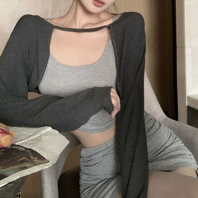 Mini Cardigan Set Crop Skirt Elastic Camisole Fit Melange Pencil Top Slim Waist Drawstring /