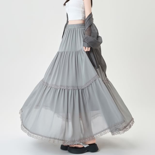 Waist Midi Skirt Plain Lace A-Line Trim Elastic Tiered