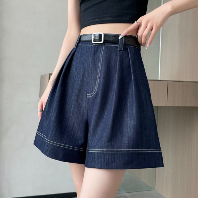 High Waist Contrast Stitching Denim Shorts