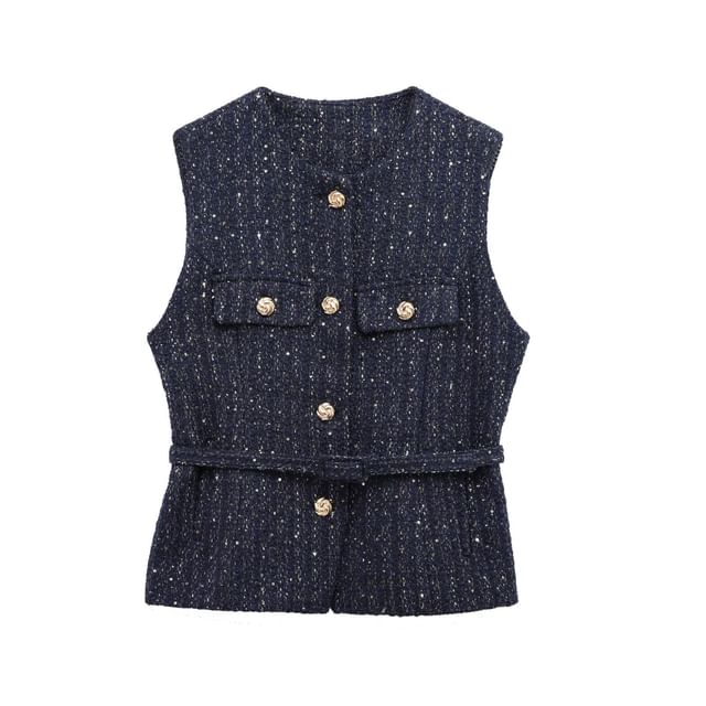 Round Neck Tweed Button Vest