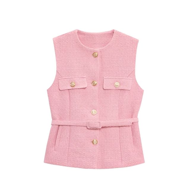 Round Neck Tweed Button Vest
