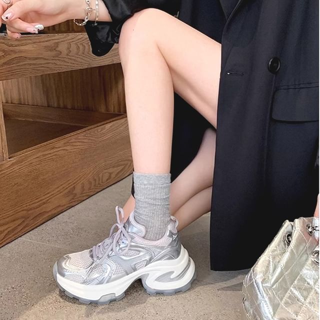 Platform Leather Lace-Up Mesh Sneakers Panel Genuine