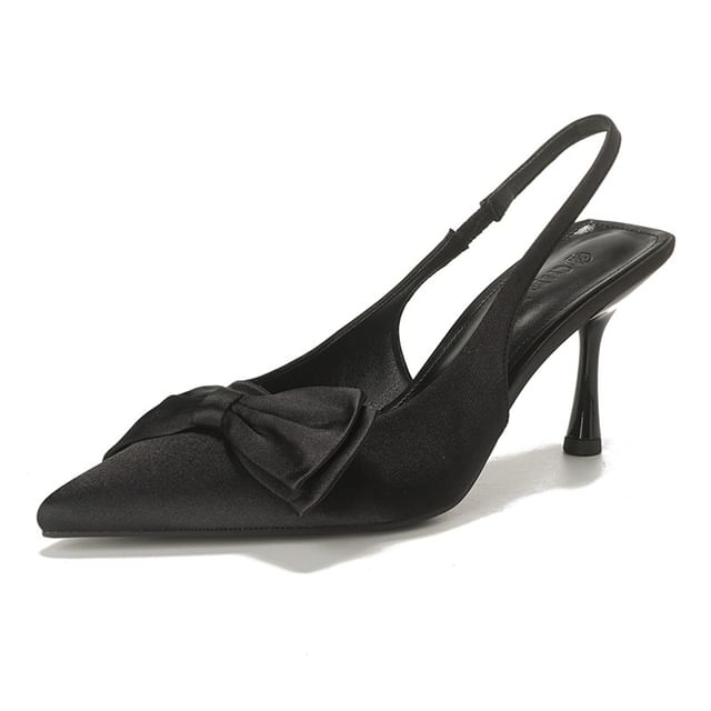 Slingback Toe High Bow Sandals Satin Pointed Heel