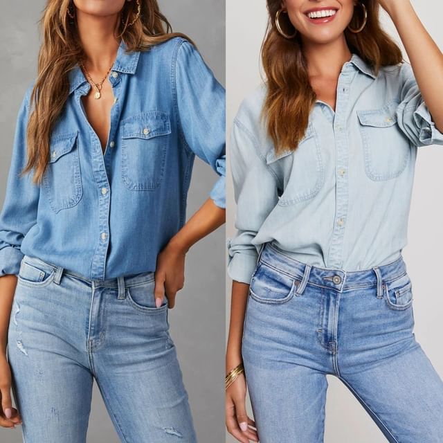 Sleeve Loose-Fit Long Denim V-Neck Shirt