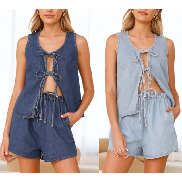 Shorts High Tie-Front + Denim Mini Top V-Neck Wide-Leg Waist Set: Tank