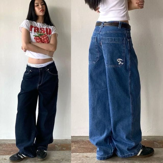 Washed Wide-Leg Loose-Fit Rise Low Jeans