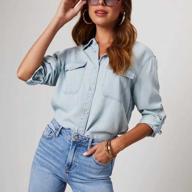 Sleeve Loose-Fit Long Denim V-Neck Shirt