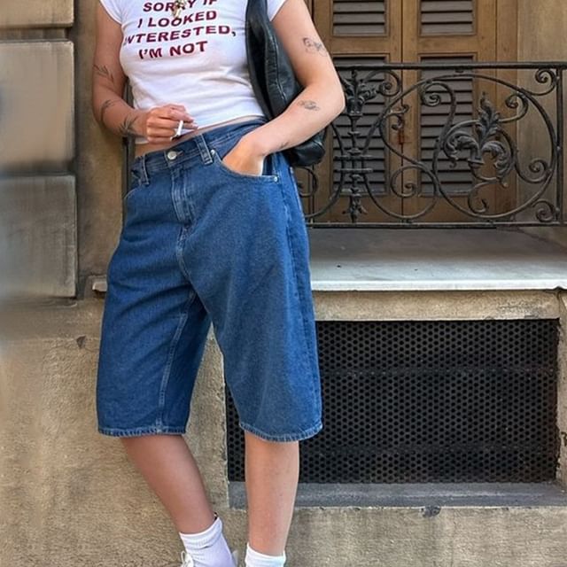 Denim Waist Washed Low Shorts Pocket Straight-Leg