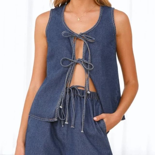 Shorts High Tie-Front + Denim Mini Top V-Neck Wide-Leg Waist Set: Tank