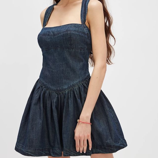 Dress Denim Mini Sleeveless Slim-Fit Washed Square-Neck