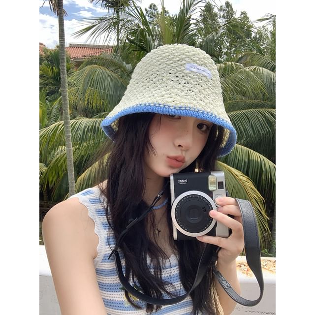 Applique Lettering Trim Contrast Knit Hat Bucket