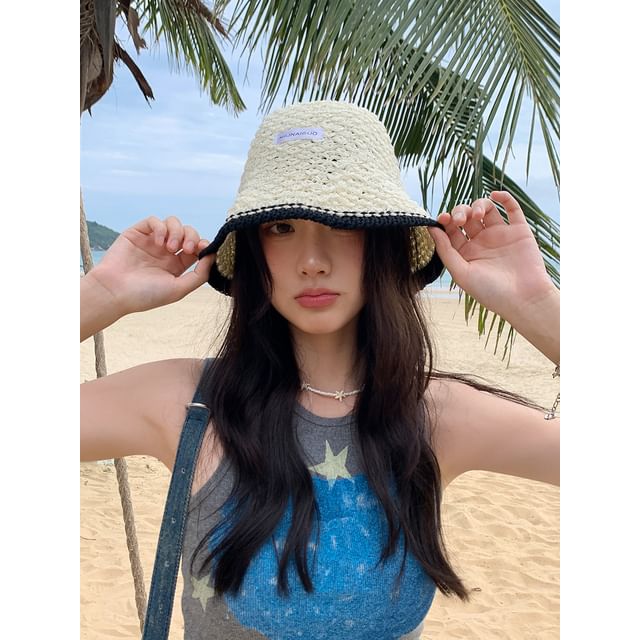 Applique Lettering Trim Contrast Knit Hat Bucket