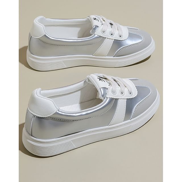 Leather Color Faux Sneakers Block Lace-Up