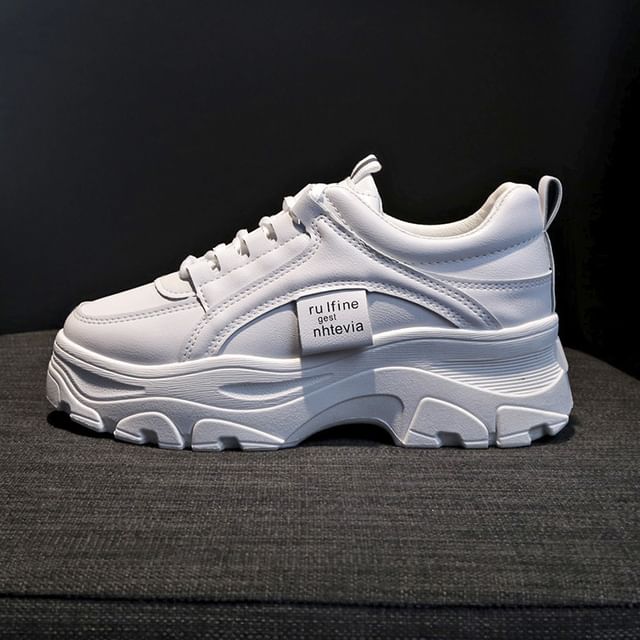 Lace-Up Plain Faux Sneakers Leather Platform