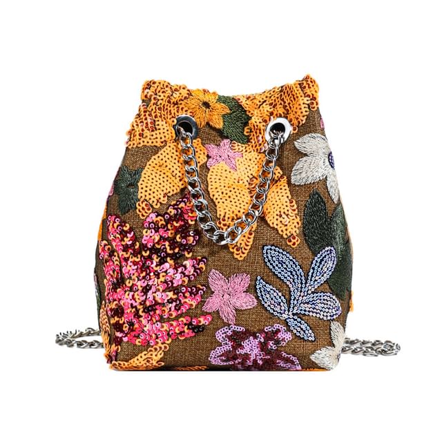 Faux Embroidered / Studded Bag Bucket Leaf Sequin Strap Chain