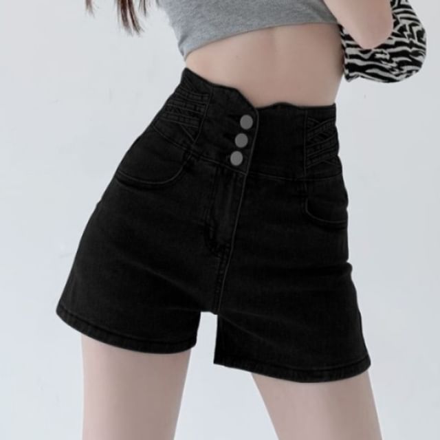 High Waist Washed Denim Lace Up Shorts