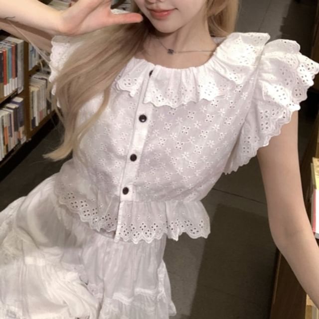 Eyelet Blouse Collared Embroidered Sleeve Cap Ruffle Plain