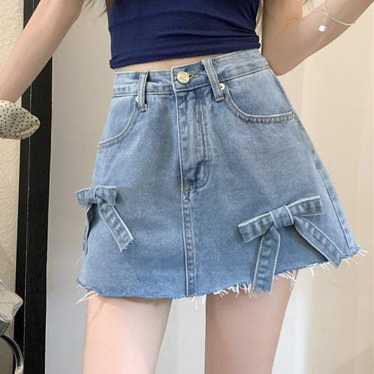 Denim Waist Shorts Fray Bow A-Line Mini High Washed