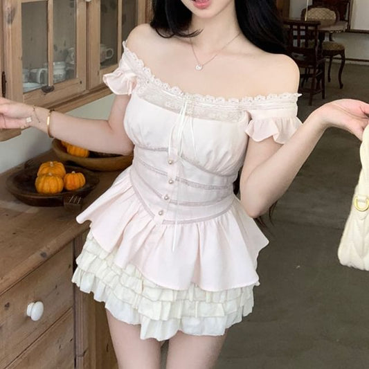 Sleeveless Lace Panel Blouse Bow Square Plain Neck Ruffle