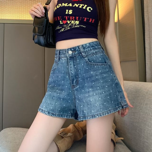 Denim Washed Shorts High Dotted Waist