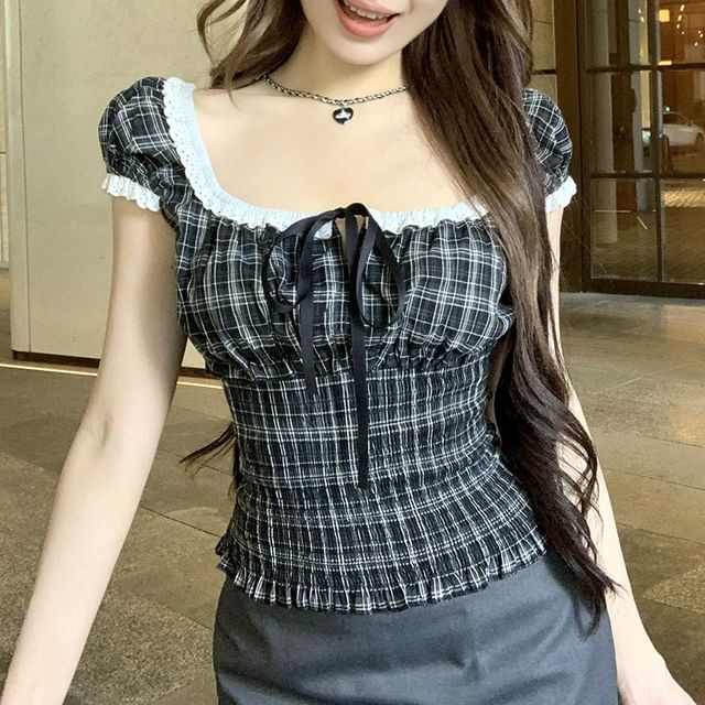 Bow Plaid Neck Shirred Top Short Sleeve Square