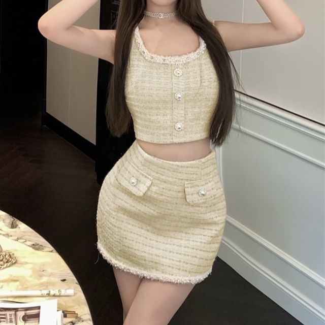 Mini Button Pearl Sleeveless High Pencil Skirt Neck Faux Scoop Set: Beaded Waist Tweed + Top Crop