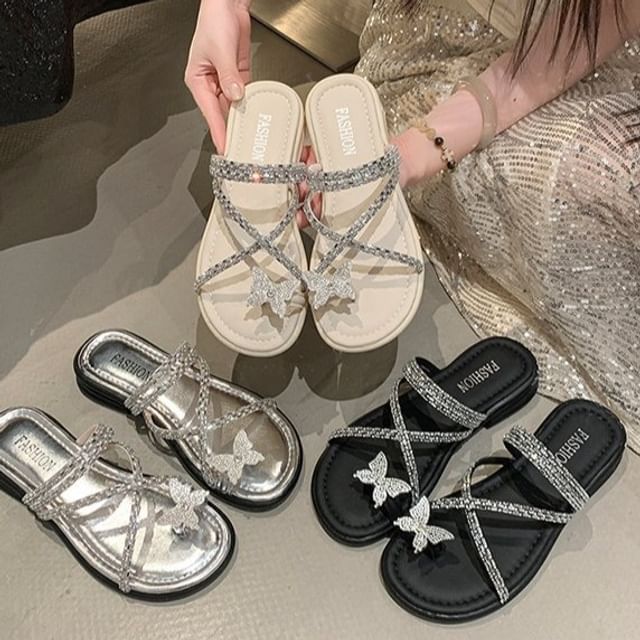 Toe Criss Sandals Slide Loop Cross Butterfly Rhinestone