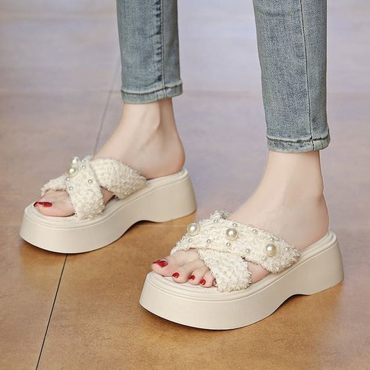 Faux Sandals Cross Pearl Criss Platform Slide