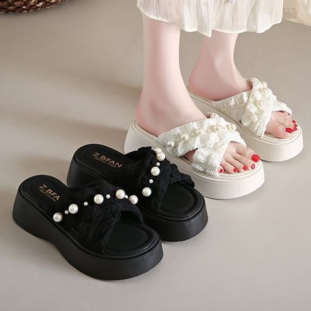 Cross Pearl Faux Slide Platform Criss Sandals