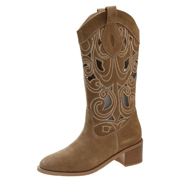 Cutout Boots Chunky Mid-Calf Embroidered Heel