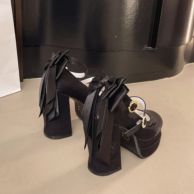 Mary Heel Bow Jane Embroidered Shoes Chunky Platform