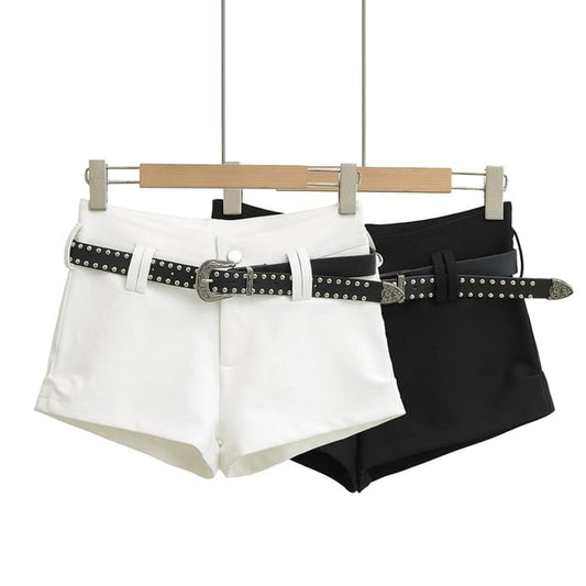 High Waist Plain Studded Belted Denim Shorts