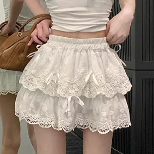 Lace-Trimmed Tiered Mini Skirt with High Waist