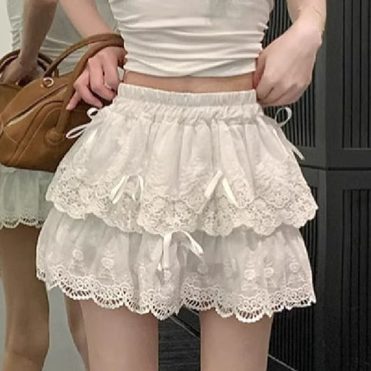 Lace-Trimmed Tiered Mini Skirt with High Waist